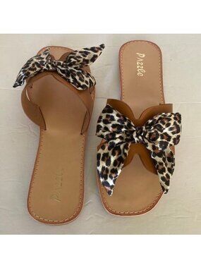Pazzle leopard print bow sandals size 8-1/2 Flat slip-ons slides open toe casual